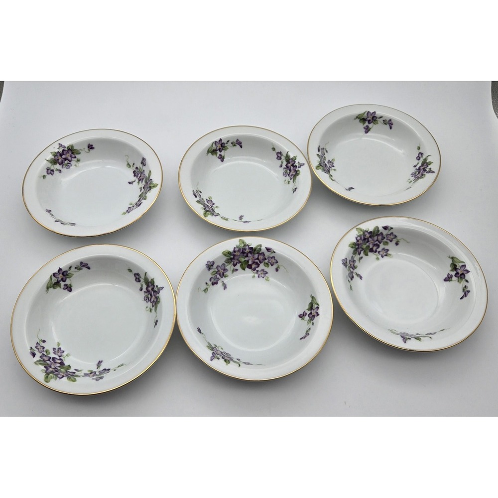 Occupied Japan Toto China Berry‎ Bowls 5.5in Set 6 Violet Floral Gold Trim